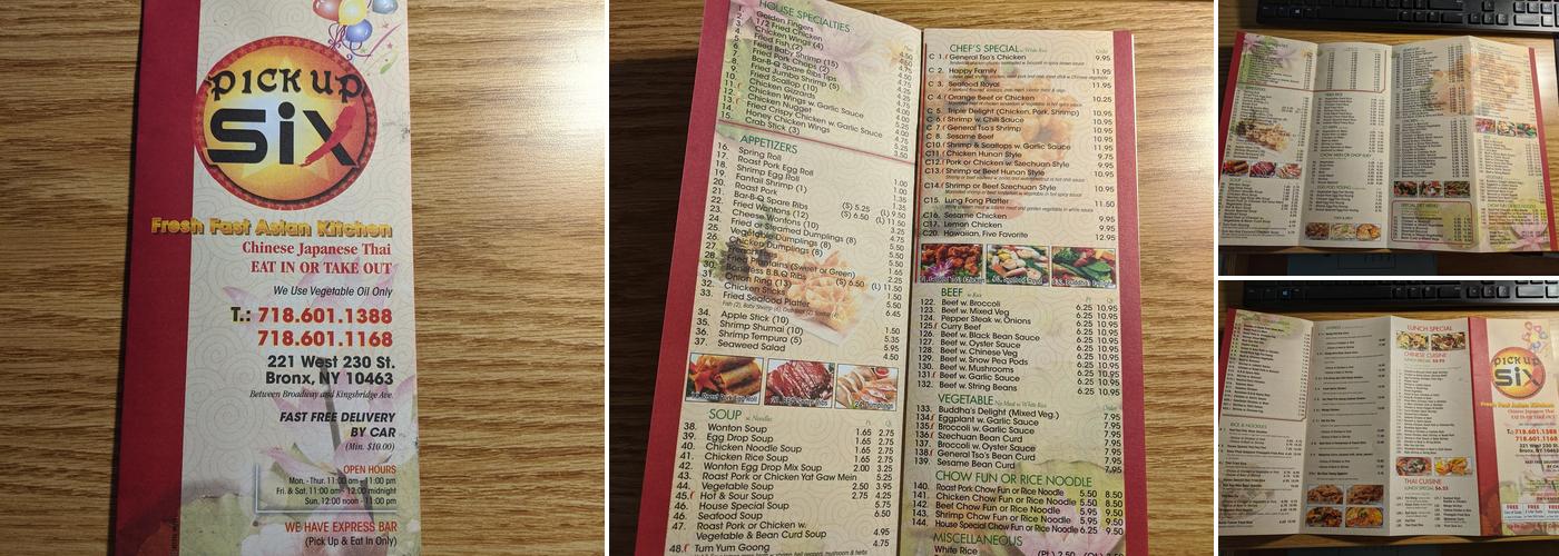 Pick Up Six Menu
