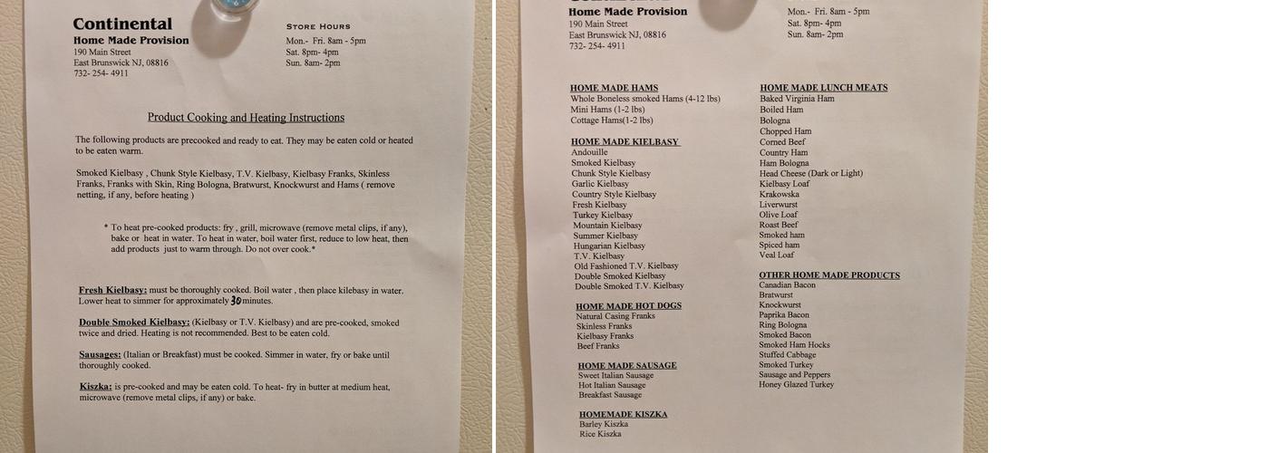 Continental Homemade Provision Menu