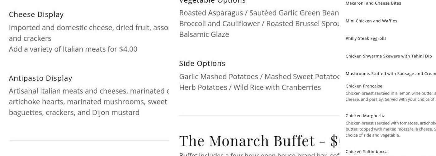 Monarch Banquets Menu