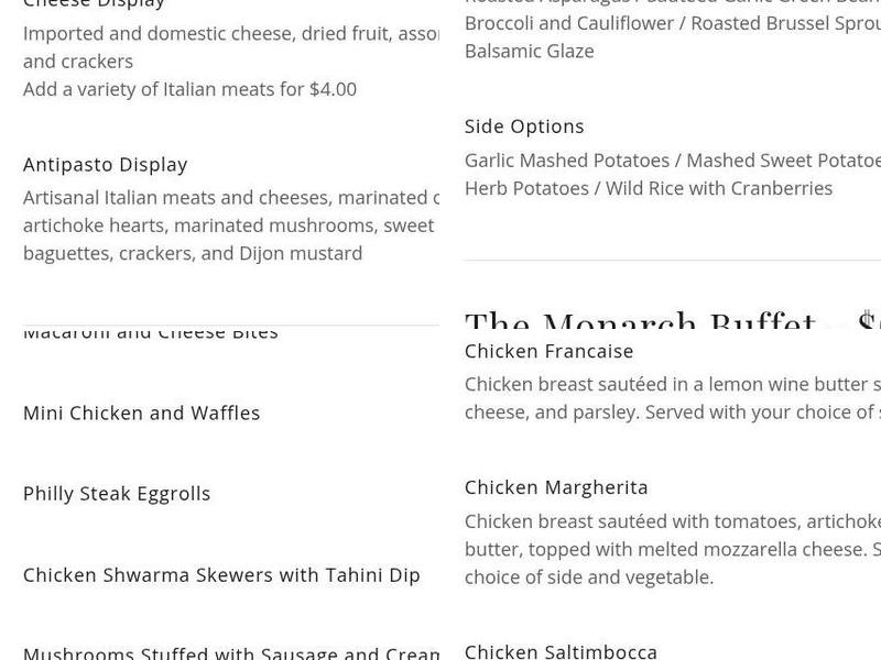 Monarch Banquets Menu
