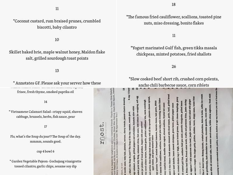 Roost Menu
