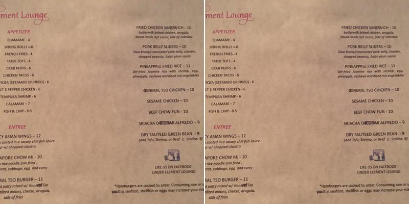 Element Lounge Menu