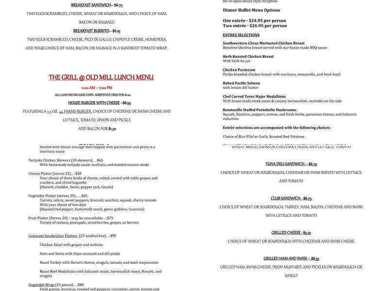 Old Mill Clubhouse Menu