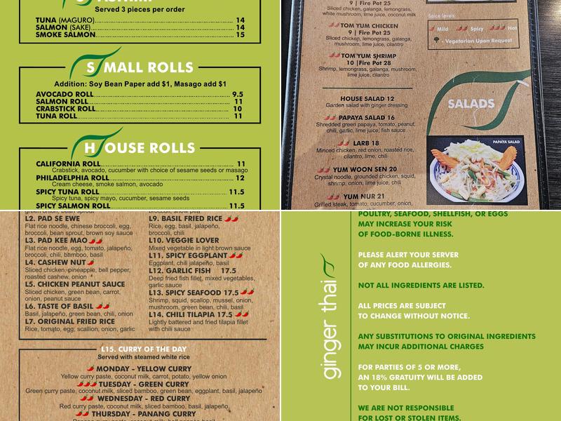 Ginger Thai Menu