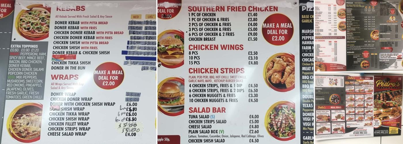 Pedros Takeaway Menu