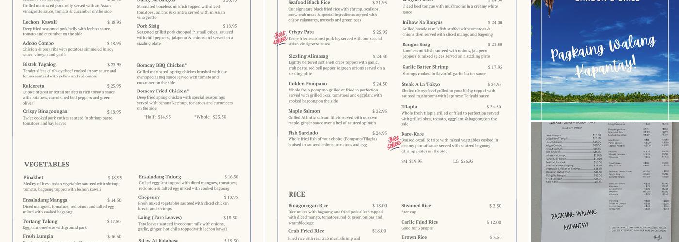 Boracay Garden & Grill Menu