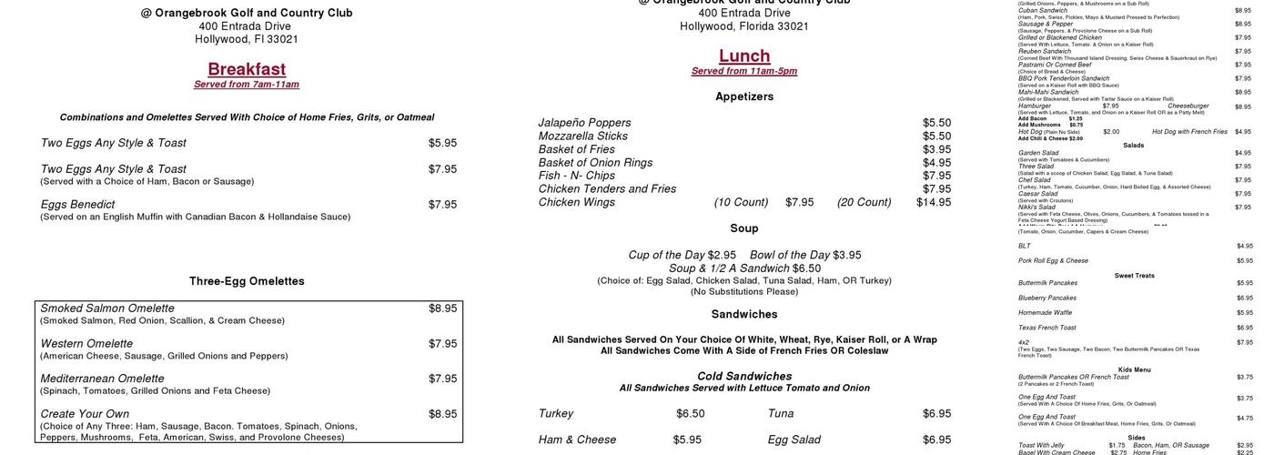 Nikki's On the Green Inc. Menu