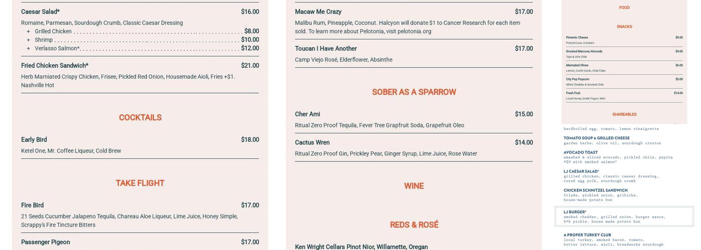 Elevated Rooftop Bar Menu