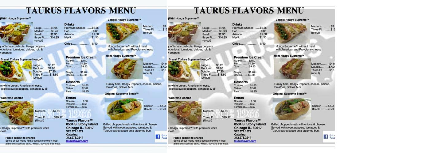 Taurus Flavors Hoagy Supreme Steak Supreme Menu