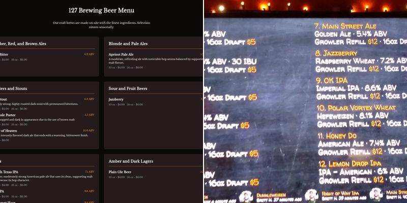 127 Brewing Menu