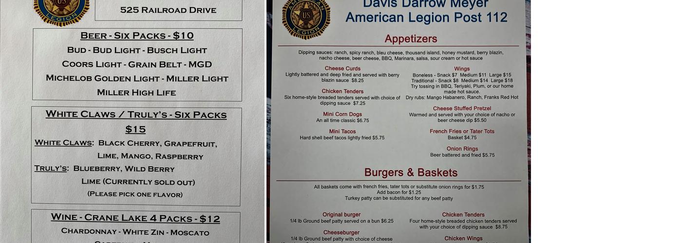 American Legion Post 112 Menu