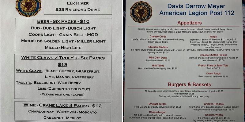American Legion Post 112 Menu