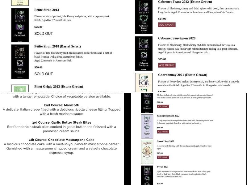 Long Point Winery Menu