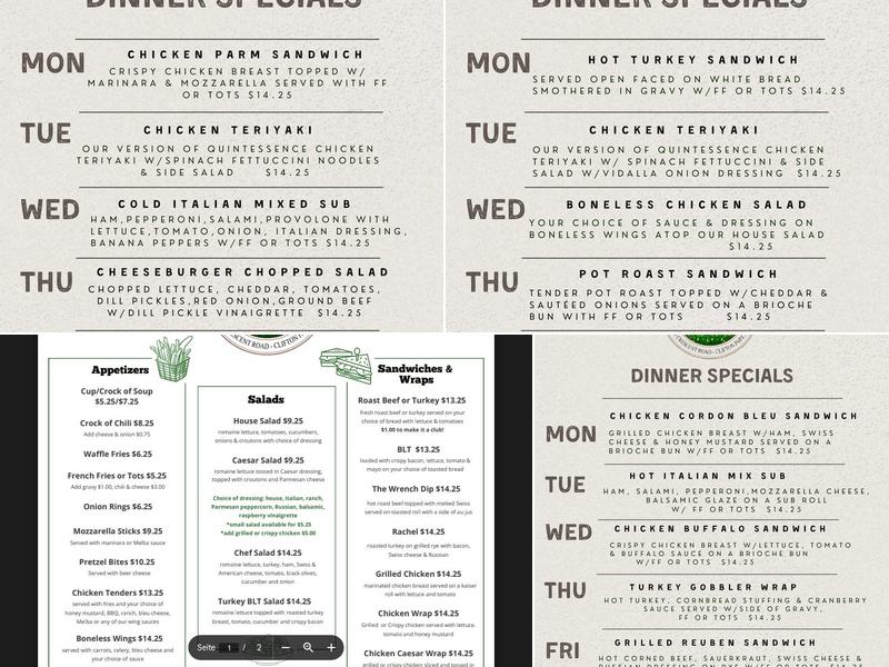 Crescent Wrench Tavern Menu