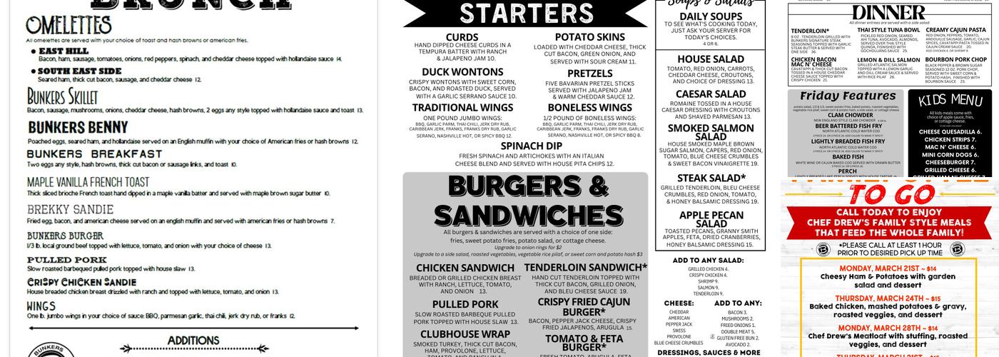 Bunkers @ Tribute Golf Course Menu