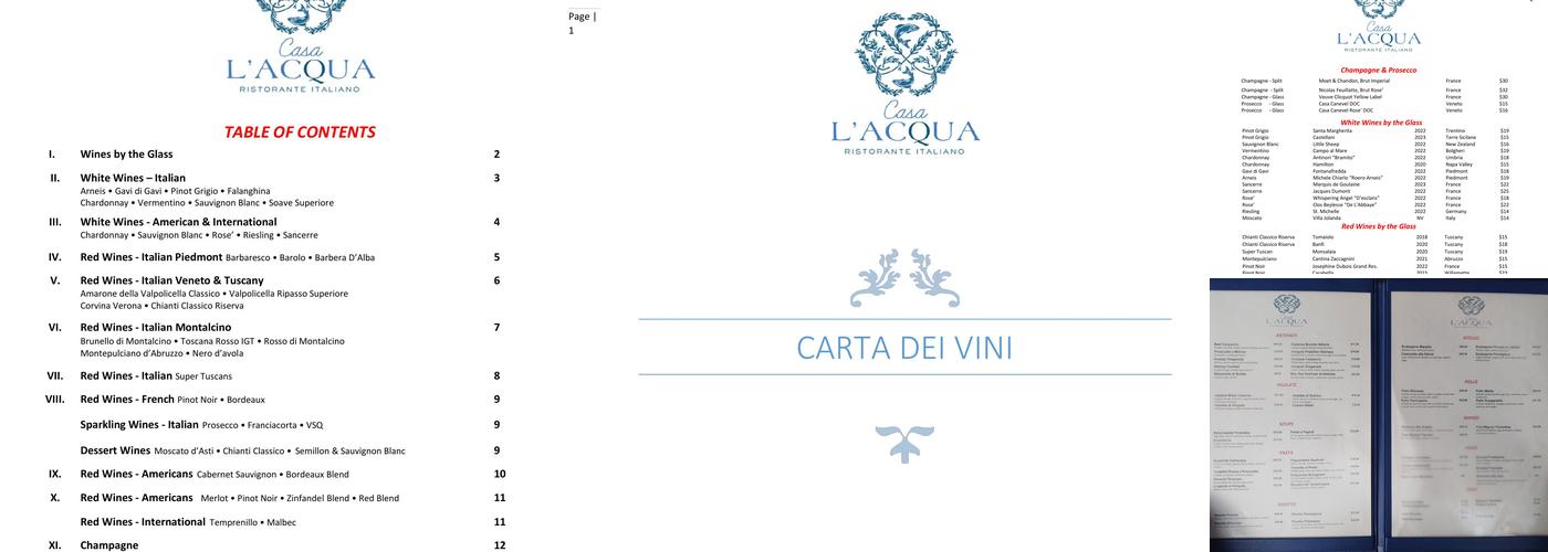 CASA L'ACQUA Ristorante Italiano Menu