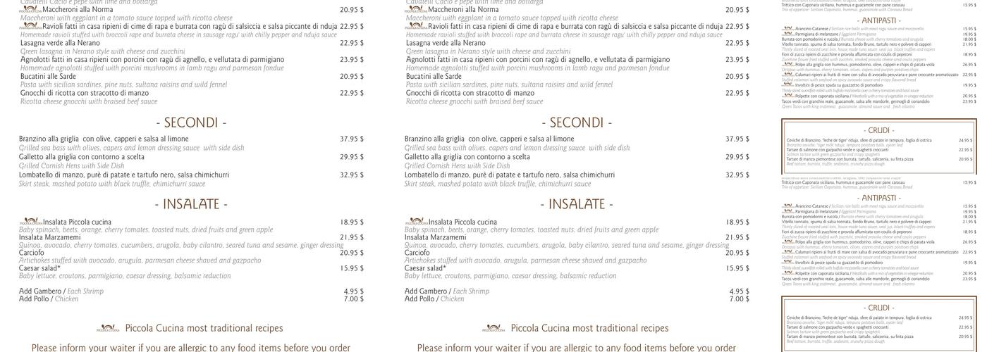 Piccola Cucina Osteria Siciliana Menu
