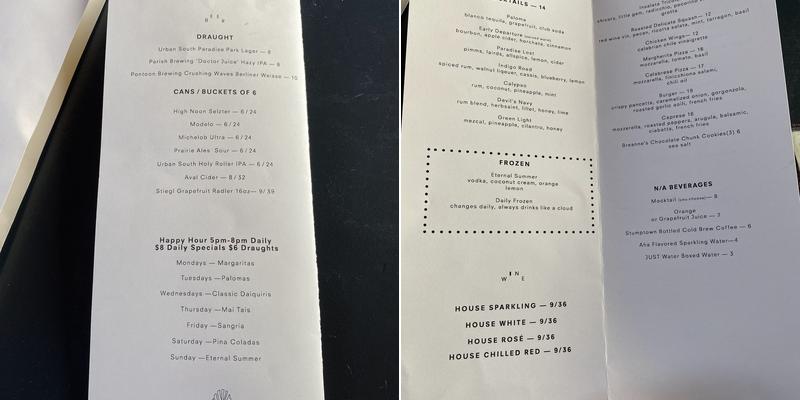 High-Five Pool Bar Menu