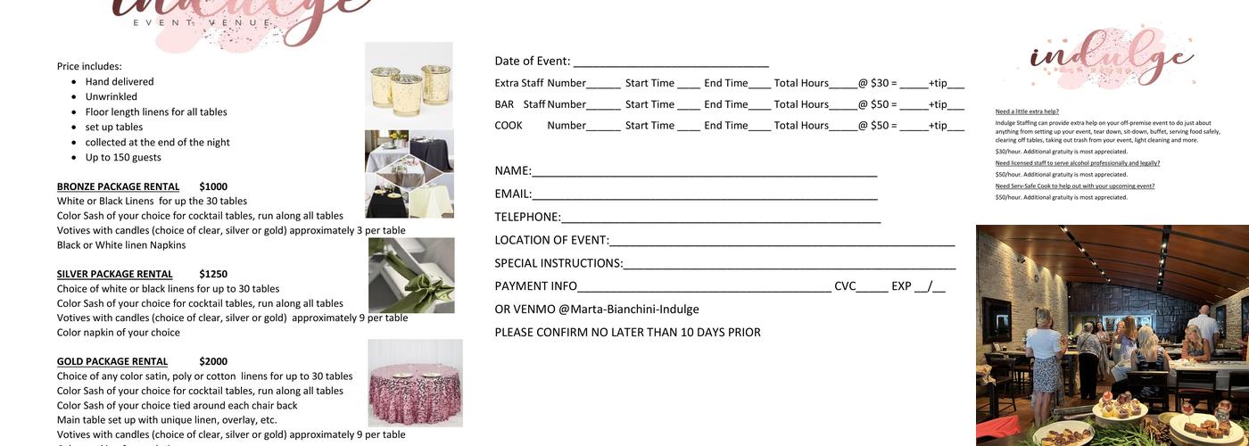 Indulge Event Venue Menu