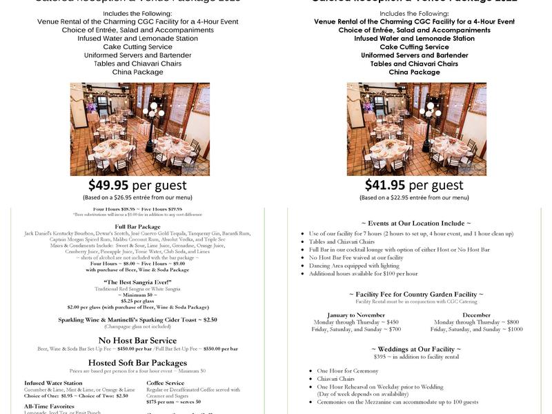 Country Garden Caterers and CGC Facility Menu
