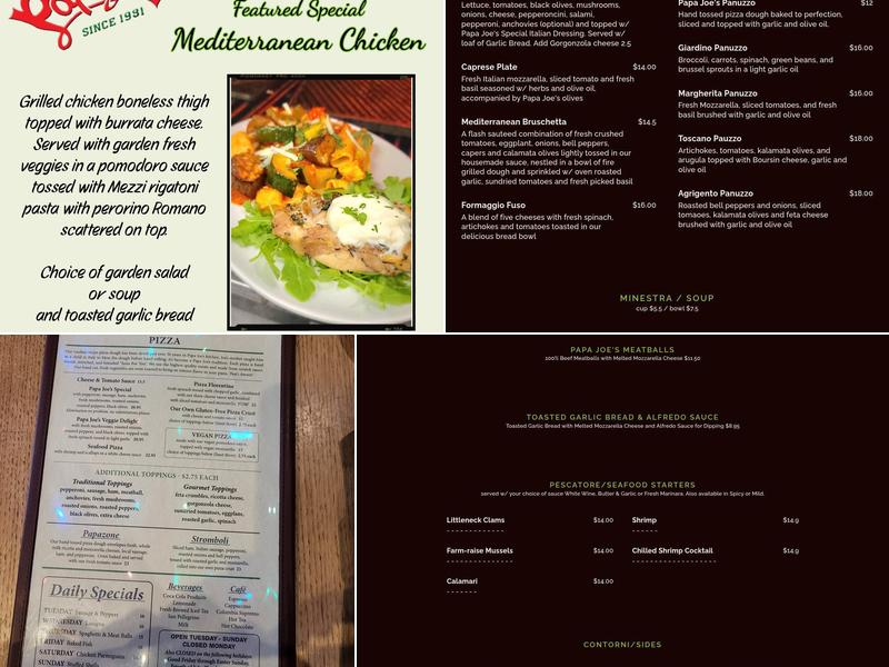 Papa Joes Italian Restaurant Menu