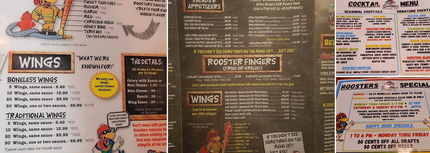 Roosters Menu