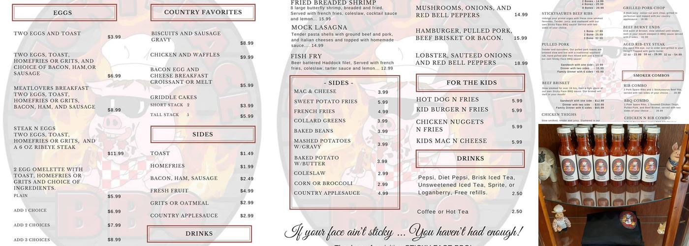 Sticky Face BBQ Menu