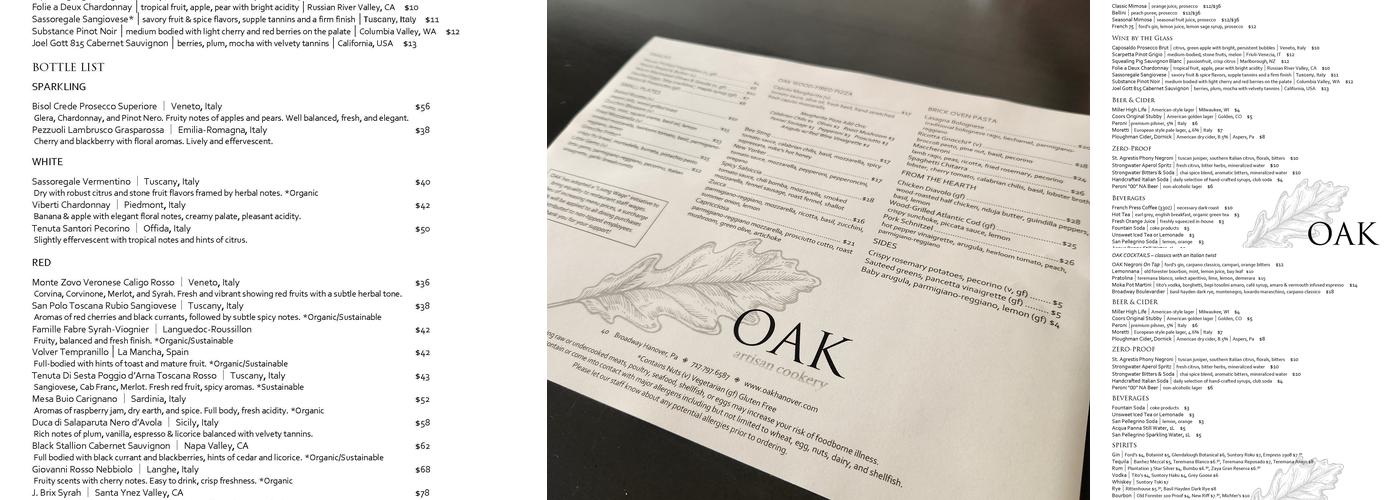 OAK Hanover Menu
