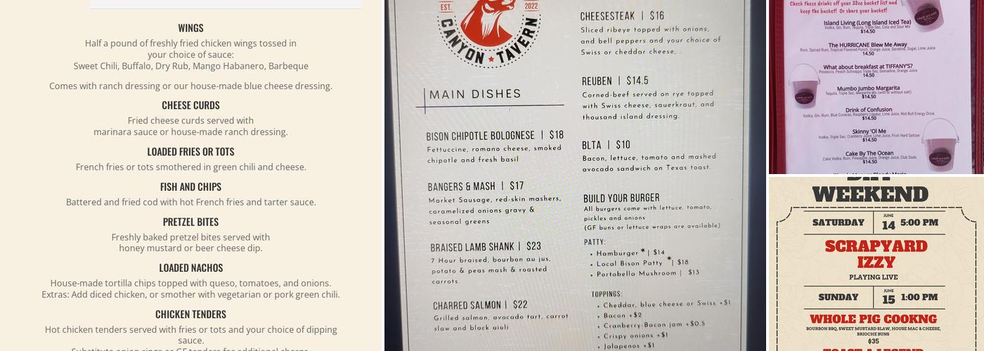 Canyon Tavern Menu