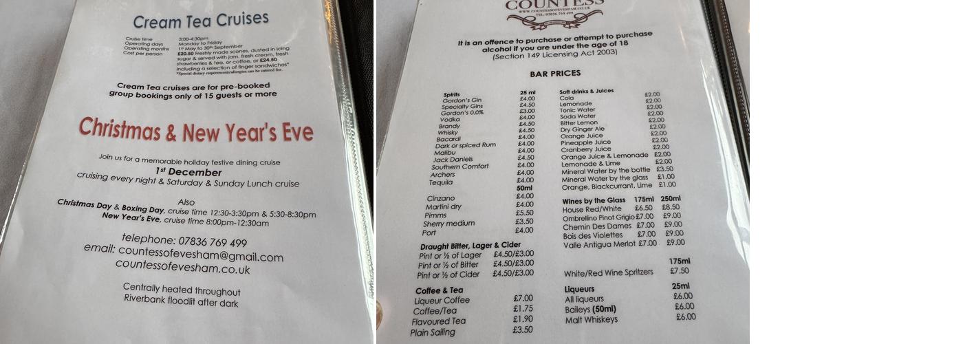 The Countess of Evesham Menu