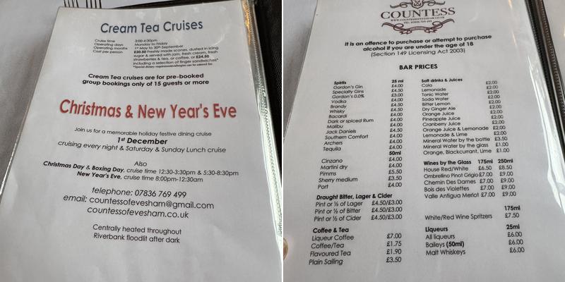 The Countess of Evesham Menu