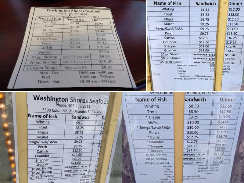 Washington Shores Fish Market Menu