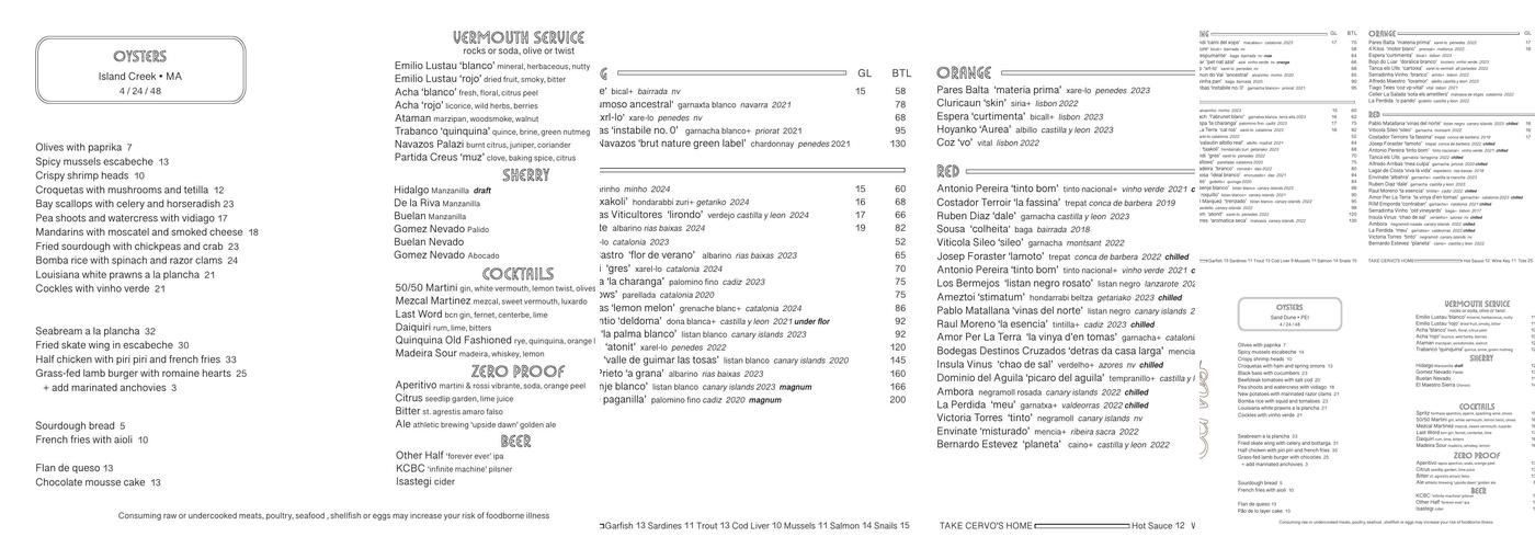Cervo's Menu