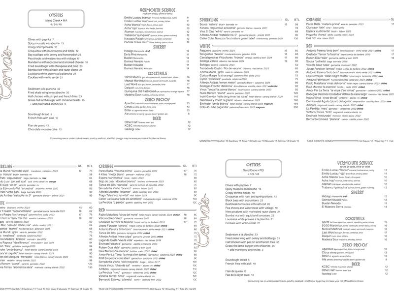 Cervo's Menu