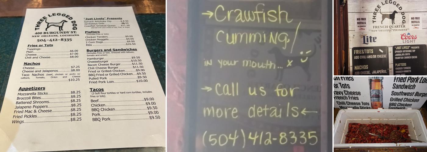 Three Legged Dog Menu