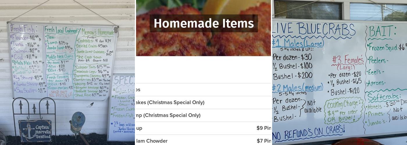 Capt Harrells Seafood Retail Market Menu
