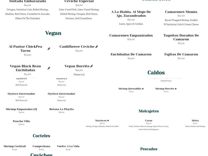 Mariscos El Governador Menu