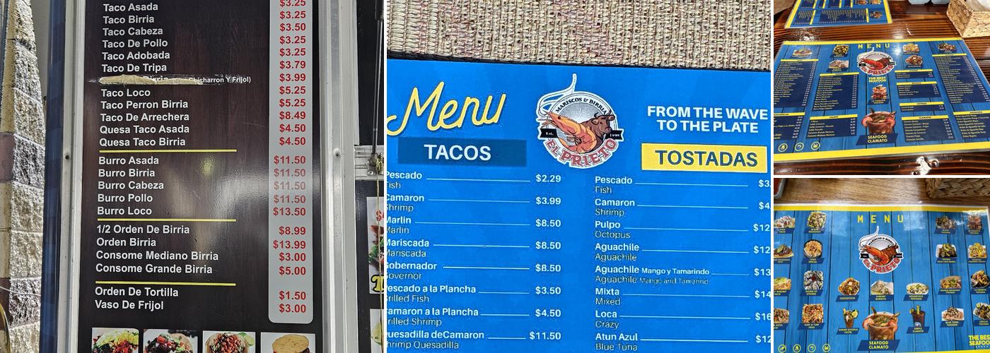 Mariscos & Birria El Prieto Menu