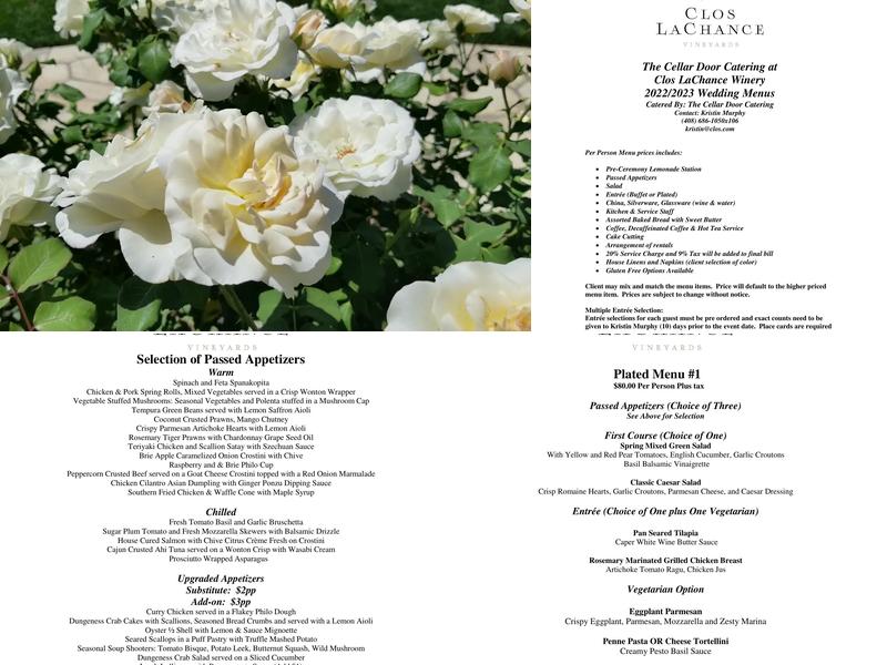 Clos LaChance Winery Menu