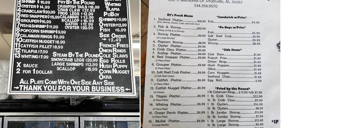 DJ's Seafood Menu