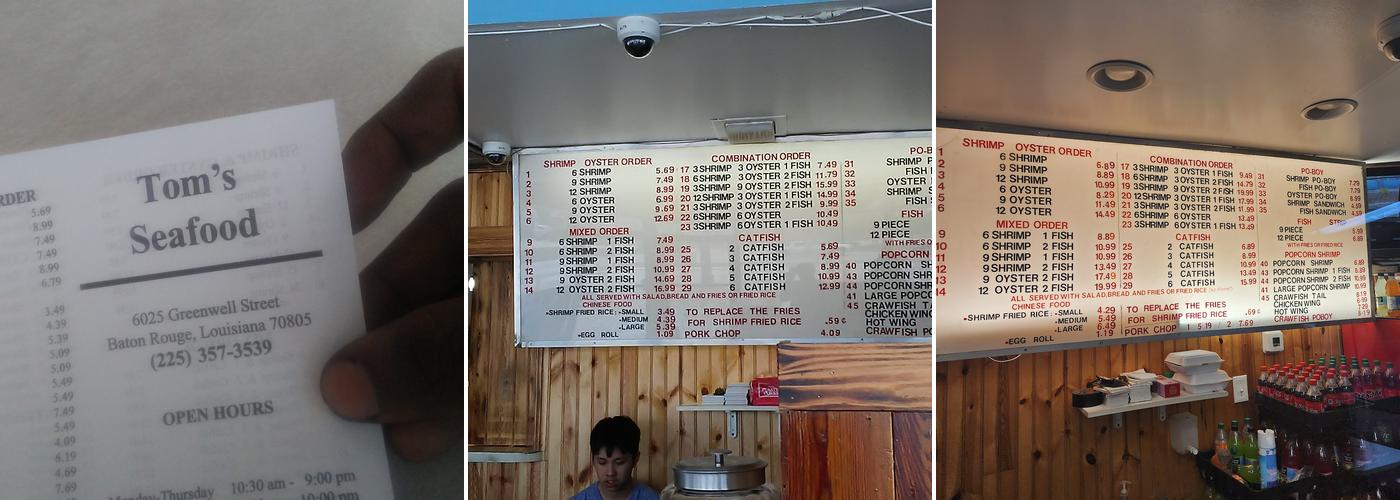 Tom's Seafood Menu