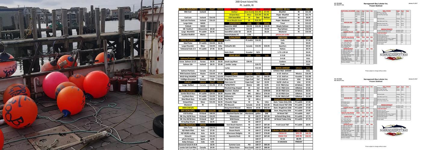 Narragansett Bay Lobsters Inc Menu