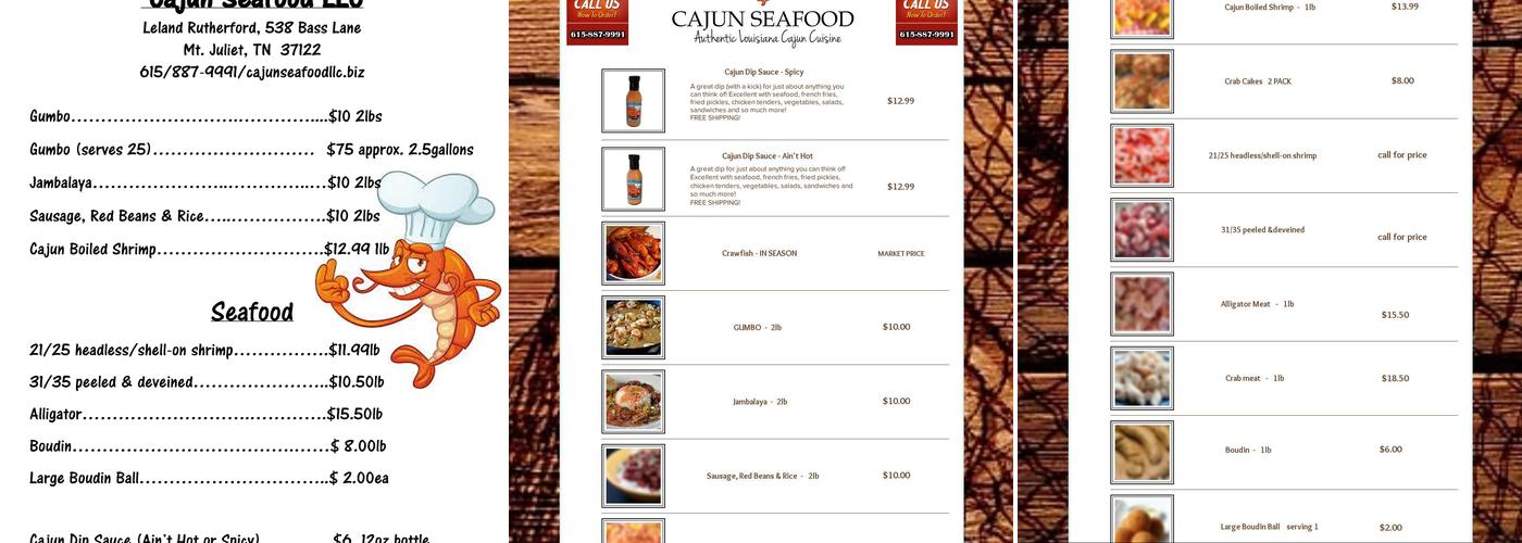 Cajun Seafood Menu