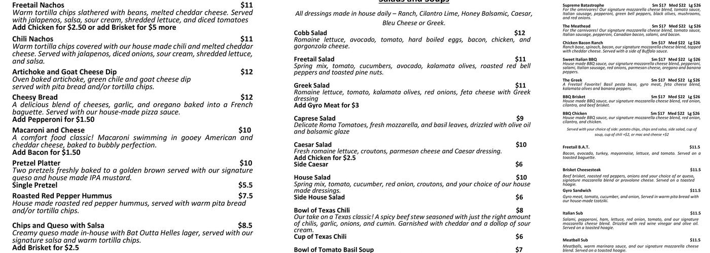 Freetail Brewing Co. Menu