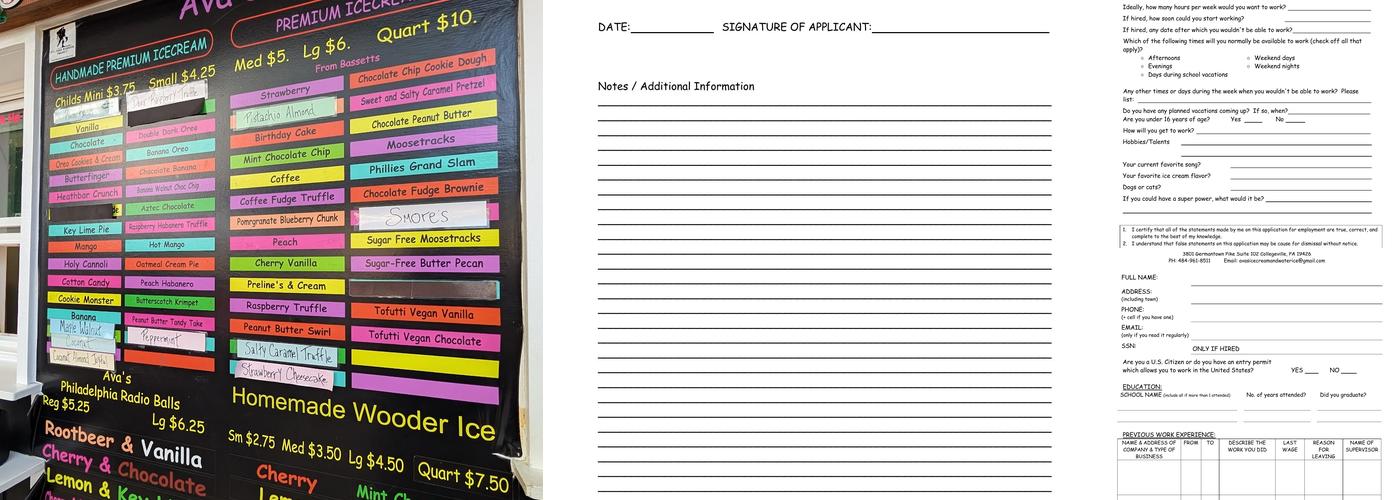 Ava's Ice Cream and Water Ice Menu