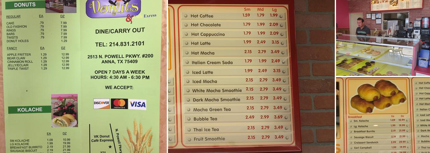 VK Donuts and Cafe Express Menu