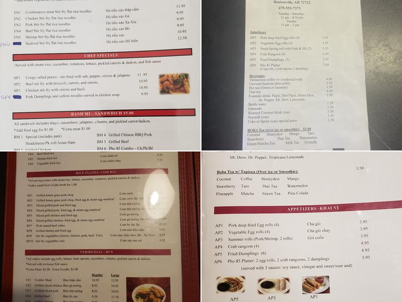 Pho 85 Noodle House, LLC (Bentonville, AR) Menu