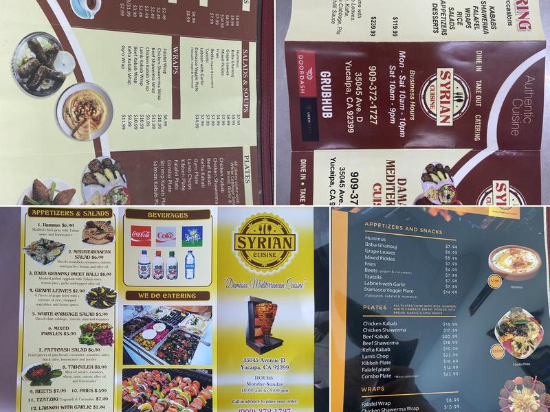 Damasco Mediterranean Cuisine Menu