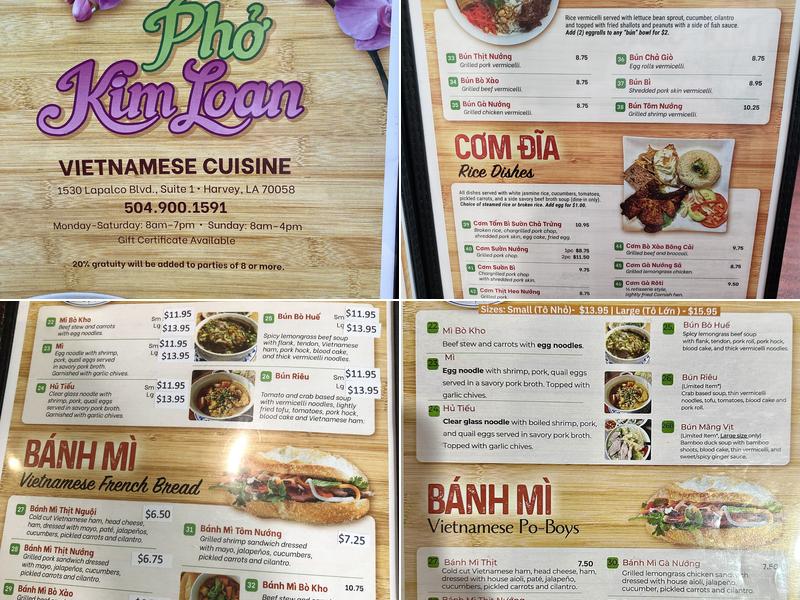 Pho Kim Loan Menu