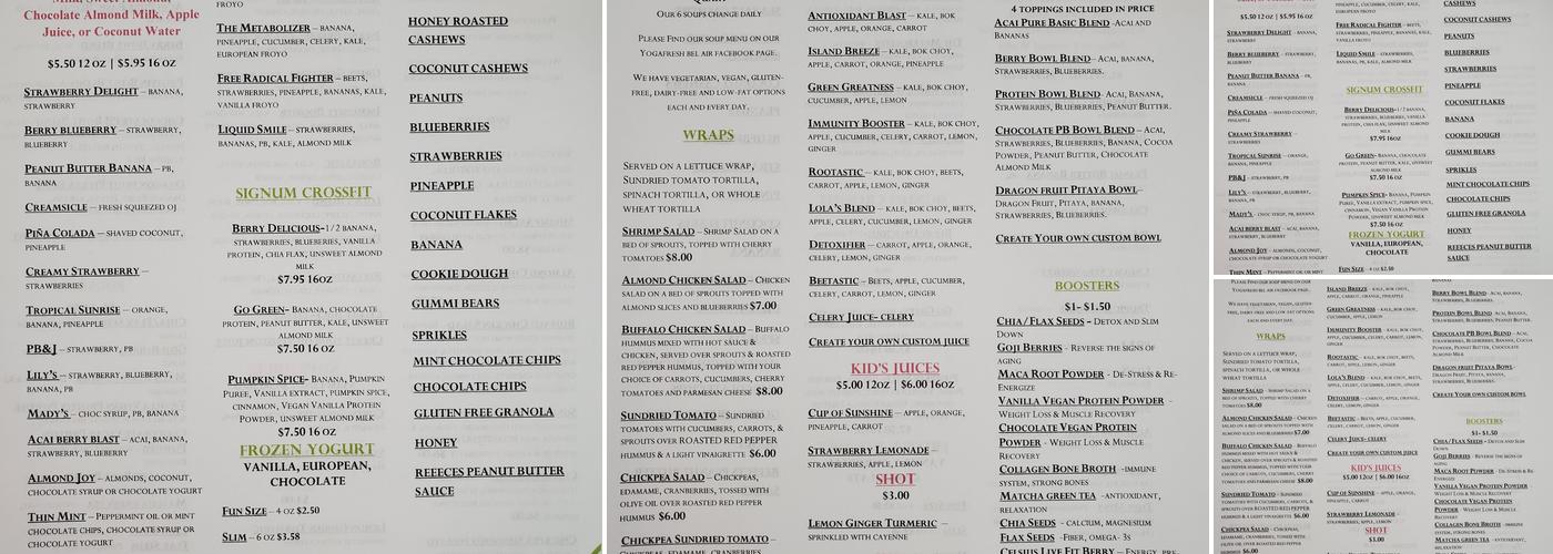 YogaFresh Menu